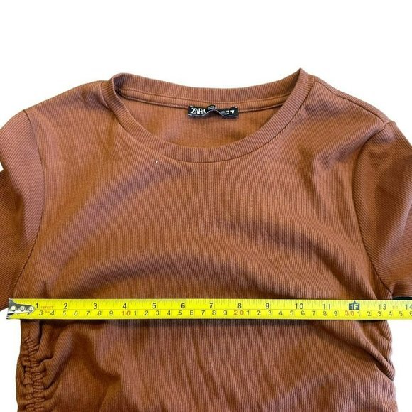 Zara Brown Ruched Drawstring Side Short Sleeve Bodycon Dress Womens L - Picture 3 of 4